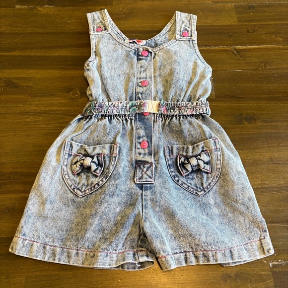 Vintage Acid Wash Romper Popsicle Toddler Jumper Jumpsuit Y2K 90’s Bow Pink Belt - Picture 1 of 6